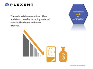 Accelerated
                                                  path
The reduced classroom time offers                   to
additional benefits including reduced         certification
out-of-office hours and travel
expense.




                                        ©2012 Plexent – All rights reserved.
 