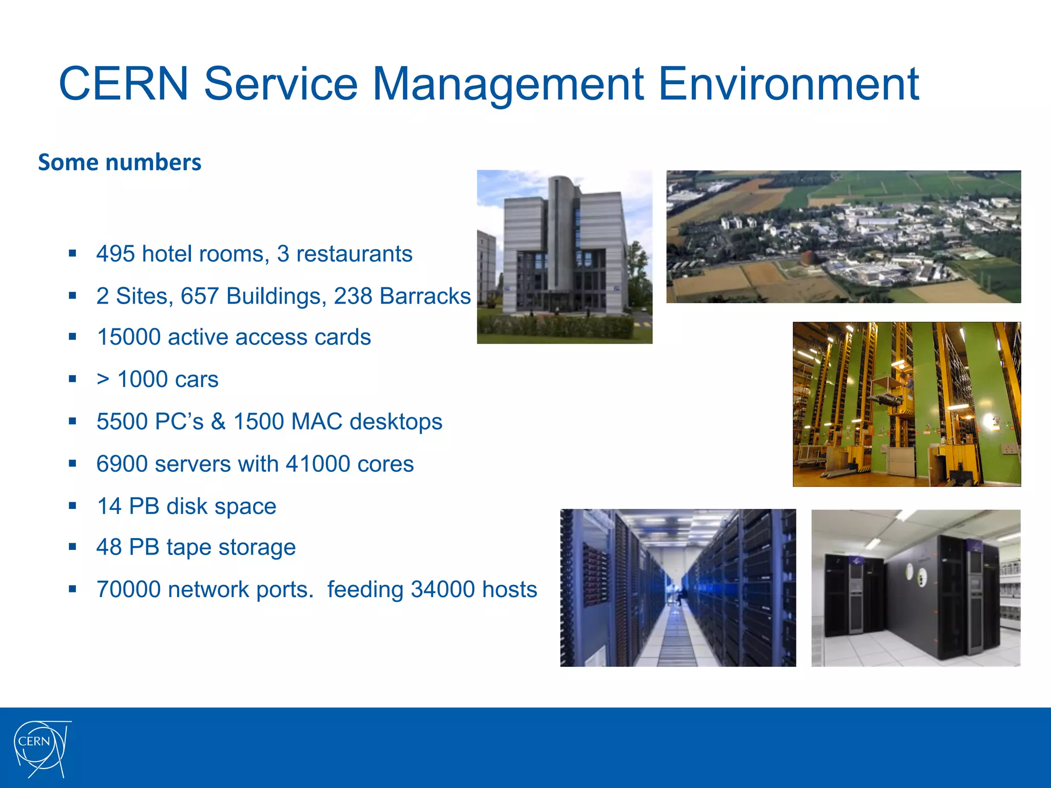CERN Service Management Environment
Some	
  numbers	
  


   §  495 hotel rooms, 3 restaurants
   §  2 Sites, 657 Buildings, 238 Barracks
   §  15000 active access cards
   §  > 1000 cars
   §  5500 PC’s & 1500 MAC desktops
   §  6900 servers with 41000 cores
   §  14 PB disk space
   §  48 PB tape storage
   §  70000 network ports. feeding 34000 hosts
 