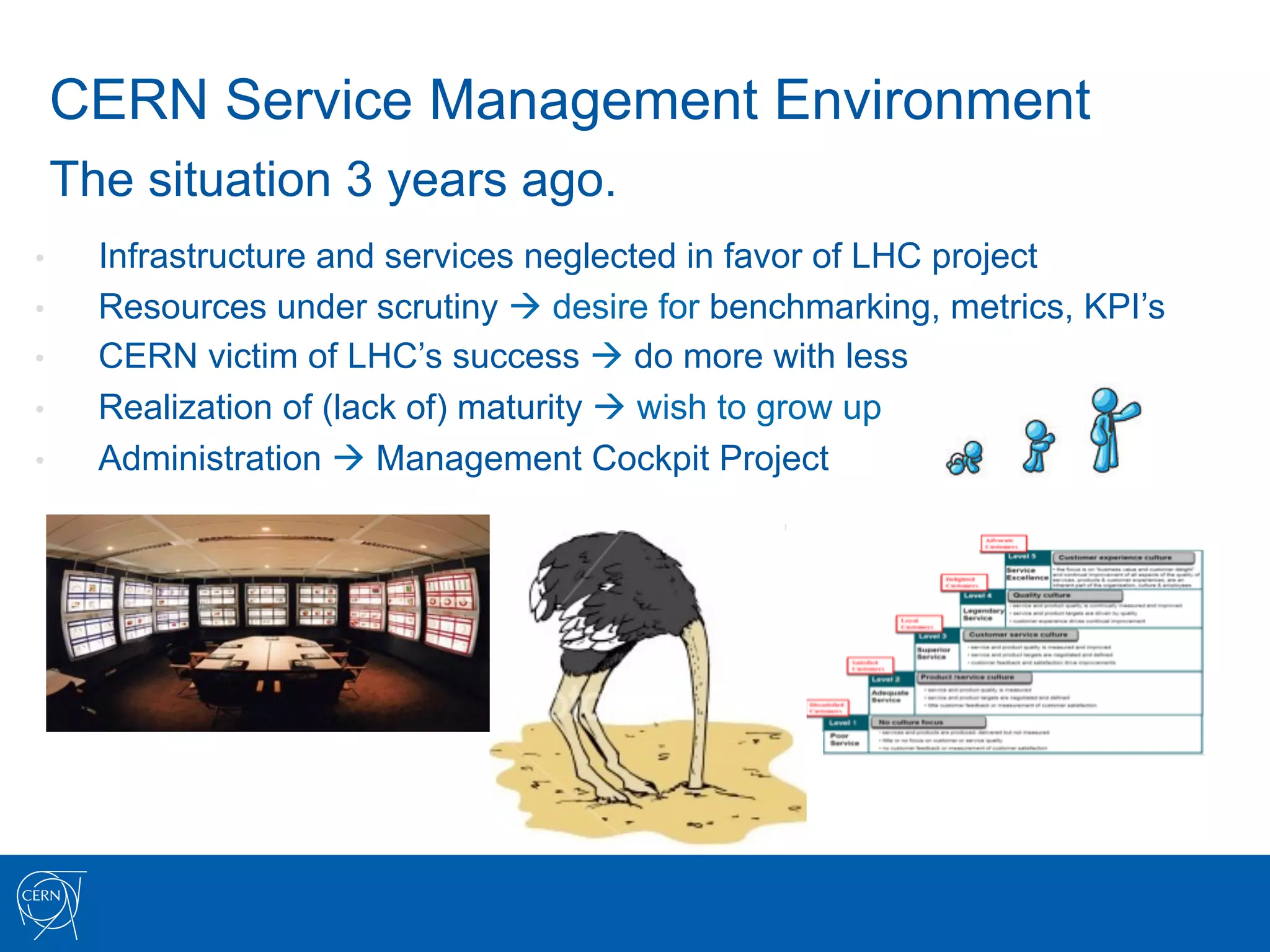 CERN Service Management Environment
     The situation 3 years ago.
•      Infrastructure and services neglected in favor of LHC project
•      Resources under scrutiny à desire for benchmarking, metrics, KPI’s
•      CERN victim of LHC’s success à do more with less
•      Realization of (lack of) maturity à wish to grow up
•      Administration à Management Cockpit Project
 