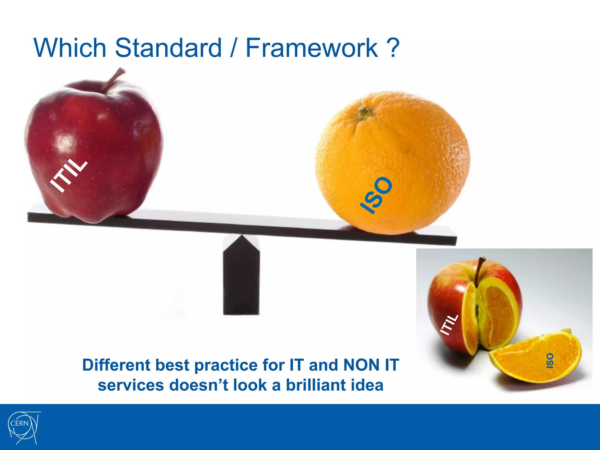 Which Standard / Framework ?




                                               ISO
   Different best practice for IT and NON IT
     services doesn’t look a brilliant idea
 