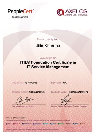 Jitin Khurana
ITIL® Foundation Certificate in
IT Service Management
10 Nov 2018
GR750496267JK
Printed on 21 November 2018
N/A
9980066674825224
 