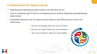 17
www.moulik.in
© 2015 Moulik IT Services LLP. All Rights Reserved.
Continual Service Improvement
 Identifying and implementing improvements to provide better service.
 Aims at continually align IT Services to changing business needs by identifying and implementing
improvements
 Continually looking for ways to improve process efficiency and effectiveness as well as cost
effectiveness.
• You can not manage what you can not control
• You can not control what you can not measure
• You can not measure what you can not define
 