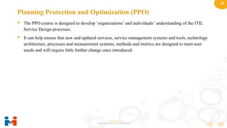 20
www.moulik.in
© 2015 Moulik IT Services LLP. All Rights Reserved.
Planning Protection and Optimization (PPO)
 The PPO course is designed to develop ‘organizations’ and individuals’ understanding of the ITIL
Service Design processes.
 It can help ensure that new and updated services, service management systems and tools, technology
architecture, processes and measurement systems, methods and metrics are designed to meet user
needs and will require little further change once introduced.
 