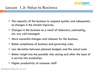 Lesson 1.3: Value to Business
122



           • The capacity of the business to respond quickly and adequately
             to changes in the market improves.
           • Changes in the business as a result of takeovers, contracting,
             etc. are well managed.
           • More successful changes and releases for the business.
           • Better compliance of business and governing rules.
           • Less deviation between planned budgets and the actual costs
           • Better insight into the possible risks during and after the input of
             a service into production.
           • Higher productivity of customer staff
©Simplilearn Solutions Pvt. Ltd. 2011                                          122
 