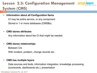 Lesson 2.3: Configuration Management
  System (CMS)
125
  • Information about all Configuration Items
125


          CI may be entire service, or any component
          Stored in 1 or more databases (CMDBs)


   • CMS stores attributes
          Any information about the CI that might be needed


   • CMS stores relationships
          Between CIs
          With incident, problem, change records etc.


   • CMS has multiple layers
          Data sources and tools, information integration, knowledge processing
          (scorecards, dashboards etc.), presentation
©Simplilearn Solutions Pvt. Ltd. 2011
 