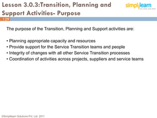 Lesson 3.0.3:Transition, Planning and
Support Activities- Purpose
129

    The purpose of the Transition, Planning and Support activities are:

    • Planning appropriate capacity and resources
    • Provide support for the Service Transition teams and people
    • Integrity of changes with all other Service Transition processes
    • Coordination of activities across projects, suppliers and service teams




©Simplilearn Solutions Pvt. Ltd. 2011                                           129
 