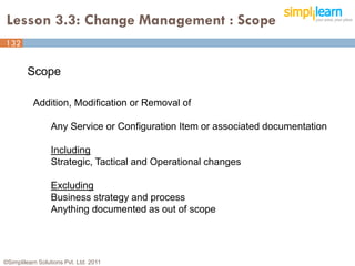 Lesson 3.3: Change Management : Scope
132


         Scope

           Addition, Modification or Removal of

                  Any Service or Configuration Item or associated documentation

                  Including
                  Strategic, Tactical and Operational changes

                  Excluding
                  Business strategy and process
                  Anything documented as out of scope




©Simplilearn Solutions Pvt. Ltd. 2011                                             132
 