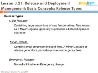 Lesson 3.21: Release and Deployment
Management: Basic Concepts: Release Types
152
    Release Types
           Major Release:
                  Containing large proportions of new functionalities. Also known
                  as a Major Upgrade, generally supersedes all preceding minor
                  upgrades.


            Minor Release:
                  Contains small enhancements and fixes. A Minor Upgrade or
                  release generally supersedes previous emergency fixes.


           Emergency Release:
                  Normally linked to an Emergency change.

©Simplilearn Solutions Pvt. Ltd. 2011                                               152
 