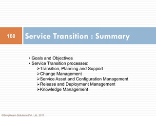 160             Service Transition : Summary

                       • Goals and Objectives
                       • Service Transition processes:
                           Transition, Planning and Support
                           Change Management
                           Service Asset and Configuration Management
                           Release and Deployment Management
                           Knowledge Management




©Simplilearn Solutions Pvt. Ltd. 2011
 