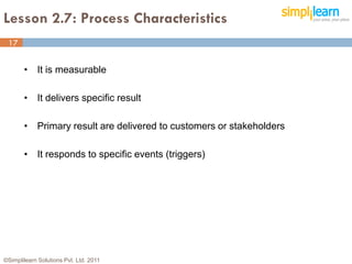 Lesson 2.7: Process Characteristics
 17


       • It is measurable

       • It delivers specific result

       • Primary result are delivered to customers or stakeholders

       • It responds to specific events (triggers)




©Simplilearn Solutions Pvt. Ltd. 2011                                17
 