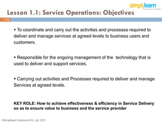 Lesson 1.1: Service Operations: Objectives
170

           To coordinate and carry out the activities and processes required to
          deliver and manage services at agreed levels to business users and
          customers.


           Responsible for the ongoing management of the technology that is
          used to deliver and support services.


           Carrying out activities and Processes required to deliver and manage
          Services at agreed levels.



          KEY ROLE: How to achieve effectiveness & efficiency in Service Delivery
          so as to ensure value to business and the service provider

©Simplilearn Solutions Pvt. Ltd. 2011                                               170
 