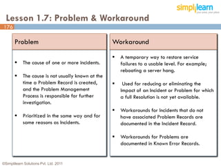 Lesson 1.7: Problem & Workaround
176

       Problem                                      Workaround

                                                       A temporary way to restore service
           The cause of one or more incidents.         failures to a usable level. For example;
                                                        rebooting a server hang.
           The cause is not usually known at the
            time a Problem Record is created,           Used for reducing or eliminating the
            and the Problem Management                  Impact of an Incident or Problem for which
            Process is responsible for further          a full Resolution is not yet available.
            investigation.
                                                       Workarounds for Incidents that do not
           Prioritized in the same way and for         have associated Problem Records are
            same reasons as Incidents.                  documented in the Incident Record.

                                                       Workarounds for Problems are
                                                        documented in Known Error Records.


©Simplilearn Solutions Pvt. Ltd. 2011                                                              176
 