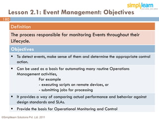 Lesson 2.1: Event Management: Objectives
180
180
       Definition
       The process responsible for monitoring Events throughout their
       Lifecycle.
       Objectives
        To detect events, make sense of them and determine the appropriate control
         action.
        Can be used as a basis for automating many routine Operations
         Management activities,
                    For example
                    - executing scripts on remote devices, or
                    - submitting jobs for processing
        It provides a way of comparing actual performance and behavior against
         design standards and SLAs.
        Provide the basis for Operational Monitoring and Control
©Simplilearn Solutions Pvt. Ltd. 2011
 