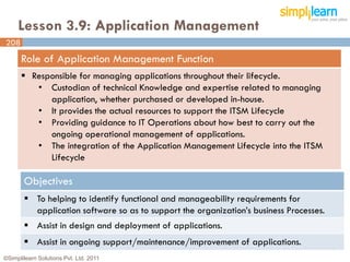 Lesson 3.9: Application Management
208
      Role of Application Management Function
       Responsible for managing applications throughout their lifecycle.
         • Custodian of technical Knowledge and expertise related to managing
            application, whether purchased or developed in-house.
         • It provides the actual resources to support the ITSM Lifecycle
         • Providing guidance to IT Operations about how best to carry out the
            ongoing operational management of applications.
         • The integration of the Application Management Lifecycle into the ITSM
            Lifecycle

       Objectives
        To helping to identify functional and manageability requirements for
         application software so as to support the organization’s business Processes.
        Assist in design and deployment of applications.
        Assist in ongoing support/maintenance/improvement of applications.
©Simplilearn Solutions Pvt. Ltd. 2011                                                   208
 