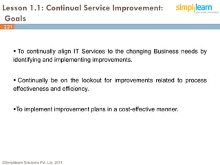 Lesson 1.1: Continual Service Improvement:
 Goals
221



       To continually align IT Services to the changing Business needs by
      identifying and implementing improvements.


       Continually be on the lookout for improvements related to process
      effectiveness and efficiency.


      To implement improvement plans in a cost-effective manner.




©Simplilearn Solutions Pvt. Ltd. 2011                                        3
 