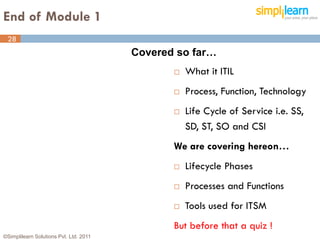 End of Module 1
 28
                                        Covered so far…
                                                  What it ITIL
                                                  Process, Function, Technology
                                                  Life Cycle of Service i.e. SS,
                                                   SD, ST, SO and CSI
                                               We are covering hereon…
                                                  Lifecycle Phases
                                                  Processes and Functions
                                                  Tools used for ITSM
                                               But before that a quiz !
©Simplilearn Solutions Pvt. Ltd. 2011                                               28
 