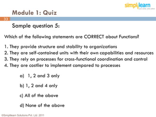Module 1: Quiz
 33
         Sample question 5:
  Which of the following statements are CORRECT about Functions?
  1. They provide structure and stability to organizations
  2. They are self-contained units with their own capabilities and resources
  3. They rely on processes for cross-functional coordination and control
  4. They are costlier to implement compared to processes

               a) 1, 2 and 3 only
               b) 1, 2 and 4 only
               c) All of the above
               d) None of the above
©Simplilearn Solutions Pvt. Ltd. 2011                                     33
 