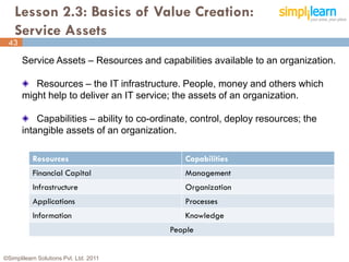 Lesson 2.3: Basics of Value Creation:
     Service Assets
 43
43
       Service Assets – Resources and capabilities available to an organization.

          Resources – the IT infrastructure. People, money and others which
       might help to deliver an IT service; the assets of an organization.

           Capabilities – ability to co-ordinate, control, deploy resources; the
       intangible assets of an organization.

           Resources                           Capabilities
           Financial Capital                   Management
           Infrastructure                      Organization
           Applications                        Processes
           Information                         Knowledge
                                           People


©Simplilearn Solutions Pvt. Ltd. 2011
 