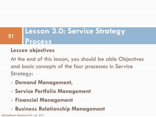 51
                    Lesson 3.0: Service Strategy
                    Process
       Lesson objectives
       At the end of this lesson, you should be able Objectives
       and basic concepts of the four processes in Service
       Strategy:
        Demand Management,

        Service Portfolio Management

        Financial Management

        Business Relationship Management
©Simplilearn Solutions Pvt. Ltd. 2011
 
