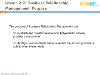 Lesson 3.9: Business Relationship
      Management: Purpose
 60




           The purpose of Business Relationship Management are

           • To establish and maintain relationship between the service
             provider and customer

           • To identify customer needs and ensure that the service provider is
             able to meet these needs




©Simplilearn Solutions Pvt. Ltd. 2011                                             60
 