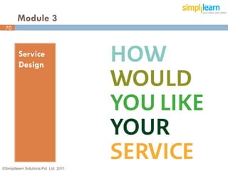 Module 3
 70



         Service
         Design




©Simplilearn Solutions Pvt. Ltd. 2011   70
 
