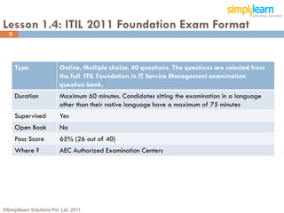 Lesson 1.4: ITIL 2011 Foundation Exam Format
  9



      Type                 Online, Multiple choice, 40 questions. The questions are selected from
                           the full ITIL Foundation in IT Service Management examination
                           question bank.
      Duration             Maximum 60 minutes. Candidates sitting the examination in a language
                           other than their native language have a maximum of 75 minutes
      Supervised           Yes
      Open Book            No
      Pass Score           65% (26 out of 40)
      Where ?              AEC Authorized Examination Centers




©Simplilearn Solutions Pvt. Ltd. 2011                                                               9
 