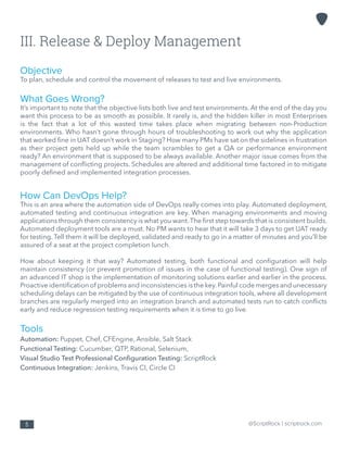 @ScriptRock | scriptrock.com5
III. Release & Deploy Management
Objective
To plan, schedule and control the movement of releases to test and live environments.
What Goes Wrong?
It’s important to note that the objective lists both live and test environments. At the end of the day you
want this process to be as smooth as possible. It rarely is, and the hidden killer in most Enterprises
is the fact that a lot of this wasted time takes place when migrating between non-Production
environments. Who hasn’t gone through hours of troubleshooting to work out why the application
that worked fine in UAT doesn’t work in Staging? How many PMs have sat on the sidelines in frustration
as their project gets held up while the team scrambles to get a QA or performance environment
ready? An environment that is supposed to be always available. Another major issue comes from the
management of conflicting projects. Schedules are altered and additional time factored in to mitigate
poorly defined and implemented integration processes.
How Can DevOps Help?
This is an area where the automation side of DevOps really comes into play. Automated deployment,
automated testing and continuous integration are key. When managing environments and moving
applications through them consistency is what you want.The first step towards that is consistent builds.
Automated deployment tools are a must. No PM wants to hear that it will take 3 days to get UAT ready
for testing. Tell them it will be deployed, validated and ready to go in a matter of minutes and you’ll be
assured of a seat at the project completion lunch.
How about keeping it that way? Automated testing, both functional and configuration will help
maintain consistency (or prevent promotion of issues in the case of functional testing). One sign of
an advanced IT shop is the implementation of monitoring solutions earlier and earlier in the process.
Proactive identification of problems and inconsistencies is the key.Painful code merges and unecessary
scheduling delays can be mitigated by the use of continuous integration tools, where all development
branches are regularly merged into an integration branch and automated tests run to catch conflicts
early and reduce regression testing requirements when it is time to go live.
Tools
Automation: Puppet, Chef, CFEngine, Ansible, Salt Stack
Functional Testing: Cucumber, QTP, Rational, Selenium,
Visual Studio Test Professional Configuration Testing: ScriptRock
Continuous Integration: Jenkins, Travis CI, Circle CI
 