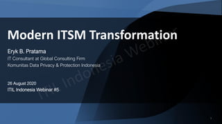11
Eryk B. Pratama
IT Consultant at Global Consulting Firm
Komunitas Data Privacy & Protection Indonesia
26 August 2020
ITIL Indonesia Webinar #5
Modern ITSM Transformation
 