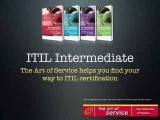 ITIL Intermediate
The Art of Service helps you ﬁnd your
      way to ITIL certiﬁcation


                   ITIL® is a Registered Trade Mark of the Cabinet Ofﬁce in the United Kingdom and other countries.
 