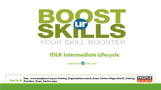 ITIL® Intermediate Lifecycle 
www.boosturskills.com 
http://www.peoplecert.org/en/Training_Organizations/search_Exam_Centers/Pages/Search_Training_ 
Find Us @ Providers_Exam_Centers.aspx 
 