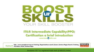 ITIL® Intermediate Capability(PPO)
Certification a brief Introduction
www.boosturskills.com
Disclaimer-ITIL® is a registered trade mark of AXELOS Limited
http://www.peoplecert.org/en/Training_Organizations/search_Exam_Centers/Pages/Search_Training_
Providers_Exam_Centers.aspxFind Us @
 