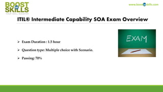 www.boosturskills.com
ITIL® Intermediate Capability SOA Exam Overview
 Exam Duration : 1.5 hour
 Question type: Multiple choice with Scenario.
 Passing: 70%
 