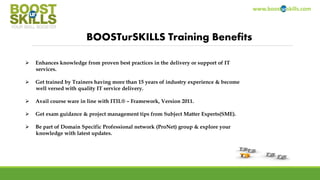 www.boosturskills.com
BOOSTurSKILLS Training Benefits
 Enhances knowledge from proven best practices in the delivery or support of IT
services.
 Get trained by Trainers having more than 15 years of industry experience & become
well versed with quality IT service delivery.
 Avail course ware in line with ITIL® – Framework, Version 2011.
 Get exam guidance & project management tips from Subject Matter Experts(SME).
 Be part of Domain Specific Professional network (ProNet) group & explore your
knowledge with latest updates.
 