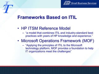Frameworks Based on ITIL HP ITSM Reference Model “ a model that combines ITIL and industry-standard best practices with years of HP knowledge and experience.” Microsoft Operations Framework (MOF) “ Applying the principles of ITIL to the Microsoft technology platform, MOF provides a foundation to help IT organizations meet the challenges” 