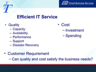 Efficient IT Service Quality Capacity Availability Performance Support Disaster Recovery Cost Investment Spending Customer Requirement Can quality and cost satisfy the business needs? 