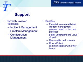Support Currently Involved Processes Incident Management Problem Management Configuration Management Benefits Establish an more efficient incident management process based on the best practices Better understand the value of work Measurable performance More efficient communications with other teams 