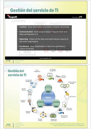 (51) 9-8935-4789
proyectos_tic@jagi.pe
www.jagi.pe
51
Gestión del servicio de TI
(51) 9-8935-4789
proyectos_tic@jagi.pe
www.jagi.pe
Fuente: http://pinkelephant.co.uk/it-service-management-2/
http://irontouchms.com/solution/service-management
Gestióndel
servicio de TI
 
