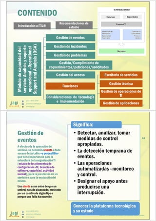 (51) 9-8935-4789
proyectos_tic@jagi.pe
www.jagi.pe
CONTENIDO
JUNTO A TU EMPRESA APOYANDO LAS GRANDES INNOVACIONES
63
Introducción a ITIL®Introducción a ITIL®
Módulodecapacidaddel
servicio:Análisisysoporte
operacional–Operational
SupportandAnalysis(OSA)
Módulodecapacidaddel
servicio:Análisisysoporte
operacional–Operational
SupportandAnalysis(OSA) Gestión de eventosGestión de eventos
Gestión de incidentesGestión de incidentes
Gestión de problemasGestión de problemas
Gestión/Cumplimiento de
requerimientos/peticiones/solicitudes
Gestión/Cumplimiento de
requerimientos/peticiones/solicitudes
Gestión del accesoGestión del acceso
FuncionesFunciones
Escritorio de serviciosEscritorio de servicios
Gestión técnicaGestión técnica
Gestión de operaciones de
TI
Gestión de operaciones de
TI
Gestión de aplicacionesGestión de aplicaciones
Consideraciones de tecnología
e implementación
Consideraciones de tecnología
e implementación
Recomendaciones de
estudio
Recomendaciones de
estudio
(51) 9-8935-4789
proyectos_tic@jagi.pe
www.jagi.pe
64
Gestiónde
eventos
A efectos de la operacióndel
servicio, se denominaevento a todo
suceso detectable –o perceptible-
que tiene importanciaparala
estructura de la organizaciónTI
(estado de los elementosde
configuración-CI, licencias de
software, seguridad,actividad
normal),para la prestación de un
servicio o para la evaluacióndel
mismo.
Una alerta es un aviso de que un
umbralha sido alcanzado,motivado
por un cambio de algúntipo o
porque unafallaha ocurrido
•Detectar, analizar, tomar
medidas de control
apropiadas.
•La detección temprana de
eventos.
•Las operaciones
automatizadas –monitoreo
y control.
•Designar el apoyo antes
producirse una
interrupción.
Significa:
Conocer la plataforma tecnológica
y su estado
JUNTO A TU EMPRESA APOYANDO LAS GRANDES INNOVACIONES
 