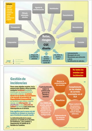 (51) 9-8935-4789
proyectos_tic@jagi.pe
www.jagi.pe
Retos,
riesgos
CSF,
diseño
Retos,
riesgos
CSF,
diseño
CompromisoCompromiso
PresupuestoPresupuesto
Filtrado
adecuado,
efectivo
Filtrado
adecuado,
efectivo
Agentede
monitorización
Agentede
monitorización
HabilidadesHabilidades
ConocimientoConocimiento
HerramientasHerramientas
PrevisiónPrevisión
Integrar GE
en todos los
procesos
Diseñar
servicios
teniendo en
cuenta GE
No olvidar la
prueba y
error
Atributos
• Adecuado
• Efectivo
• Oportuno
• Correcto
• Contextual
• Ad-hoc
• Claro
• Transparente
• Vigente
•…
Atributos
• Adecuado
• Efectivo
• Oportuno
• Correcto
• Contextual
• Ad-hoc
• Claro
• Transparente
• Vigente
•…
• Instrumentación
• Mensajería de error
• Mecanismos para detección
y alerta
• Identificación de umbrales
(51) 9-8935-4789
proyectos_tic@jagi.pe
www.jagi.pe
88
Gestiónde
incidencias
Beneficios
Mejorar la
productividadde
los usuarios
Cumplimiento
de los niveles
de servicio
acordados en el
SLA
Mayor control de
los procesos y
monitorización
del servicio
(reducir efectos
adversos)
Optimizaciónde
los recursos
disponibles
Una CMDB más
precisa, pues se
registran los
incidentesen
relación con los
elementosde
configuración
Y principalmente:
mejora la
satisfacción
general de
clientes y
usuarios
Tiene como objetivo resolver, de la
maneramás rápiday eficaz posible,
cualquierincidente(cualquier
evento que no forma parte de la
operación estándar[o normal,
dentro de los límites documentados
y de acuerdo al porcentaje de
disponibilidadcomprometido]de
un servicio y que causa, o puede
causar, unainterrupción–no
planificada-o una reducción de
calidaddel mismo)que cause una
interrupciónen el servicio.
Esto significaque la causa raíz del
incidenteno siemprese resuelve y
que el incidente se puede repetir.
La determinaciónde la causa
pertenece al ámbito de la Gestión
de Problemas,y los cambios a
implementaral ámbitode la
Gestión de Cambios.
No todos los
eventos son
incidencias
JUNTO A TU EMPRESA APOYANDO LAS GRANDES INNOVACIONES
 