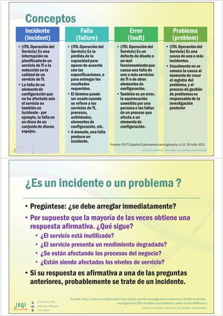 (51) 9-8935-4789
proyectos_tic@jagi.pe
www.jagi.pe
Conceptos
Incidente
(incident)
• (ITIL Operacióndel
Servicio) Es una
interrupciónno
planificadade un
servicio de TI o la
reducción en la
calidadde un
servicio de TI.
• La fallade un
elementode
configuraciónque
no ha afectado aún
el servicio es
tambiénun
incidente- por
ejemplo, la fallaen
un disco de un
conjuntode discos
espejos.
Falla
(failure)
• (ITIL Operacióndel
Servicio) Es la
pérdidade la
capacidadpara
operar de acuerdo
con las
especificaciones,o
para entregar los
resultados
requeridos.
• El término puede
ser usadocuando
se refiere a los
servicios de TI,
procesos,
actividades,
elementosde
configuración,etc.
• A menudo,unafalla
produce un
incidente.
Error
(fault)
• (ITIL Operacióndel
Servicio) Es un
defecto de diseño o
un mal
funcionamientoque
causa unafallade
uno o más servicios
de TI o de otros
elementosde
configuración.
• Tambiénes un error,
la equivocación
cometidapor una
personao las fallas
de un proceso que
afecta a un
elementode
configuración.
Problema
(problem)
• (ITIL Operacióndel
Servicio) Es una
causa de unoo más
incidentes.
• Usualmenteno se
conoce la causa al
momentode crear
el registro del
problema,y el
proceso de gestión
de problemases
responsablede la
investigación
posterior
Fuente: ITIL®Español (Latinoamericano)glosario,v1.0, 29 Julio 2011
JUNTO A TU EMPRESA APOYANDO LAS GRANDES INNOVACIONES
(51) 9-8935-4789
proyectos_tic@jagi.pe
www.jagi.pe
¿Es un incidente o un problema ?
• Pregúntese: ¿se debe arreglar inmediatamente?
• Por supuesto que la mayoría de las veces obtiene una
respuesta afirmativa. ¿Qué sigue?
• ¿El servicio está inutilizado?
• ¿El servicio presenta un rendimiento degradado?
• ¿Se están afectando los procesos del negocio?
• ¿Están siendo afectados los niveles de servicio?
• Si su respuesta es afirmativaa una de las preguntas
anteriores, probablemente se trate de un incidente.
JUNTO A TU EMPRESA APOYANDO LAS GRANDES INNOVACIONES
Fuente: http://www.conceptsolutionsbc.com/it-service-management-mainmenu-60/30-it-service-
management/182-incident-and-problems-what-is-the-difference
 