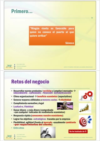 (51) 9-8935-4789
proyectos_tic@jagi.pe
www.jagi.pe
11
Primero…
“Ningún viento es favorable para
quien no conoce el puerto al que
quiere arribar”
Séneca
“Ningún viento es favorable para
quien no conoce el puerto al que
quiere arribar”
Séneca
JUNTO A TU EMPRESA APOYANDO LAS GRANDES INNOVACIONES
(51) 9-8935-4789
proyectos_tic@jagi.pe
www.jagi.pe
Retos del negocio
• Desarrollar nuevos productos/servicios y [ampliar] mercados
CRECIMIENTO – EXPANSIÓN– POSICIÓN- DIFERENCIACIÓN
• Clima organizacional beneficio económico (expectativas)
• Generar mayores utilidades a menores costos efectividad
• Cumplimiento normativo y legal
• Lealtad vs. Fidelidad
• Ganar dinero –y más dinero (comprobado
–con cualquier- indicador de rendimiento económico)
• Respuesta rápida (conocemos nuestro ecosistema)
• Lograr los objetivos –estratégicos- trazados por la empresa
• Flexibilidad, agilidad (frente al mercado –usualmente cambiante
–por requerimientos del cliente)
• Entre otros
No he hablado de TI
JUNTO A TU EMPRESA APOYANDO LAS GRANDES INNOVACIONES
 
