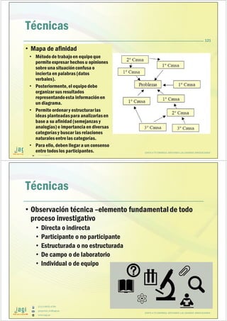 (51) 9-8935-4789
proyectos_tic@jagi.pe
www.jagi.pe
121
Técnicas
• Mapa de afinidad
• Método de trabajoen equipoque
permiteexpresar hechos u opiniones
sobre una situación confusa o
incierta en palabras (datos
verbales).
• Posteriormente,el equipo debe
organizar sus resultados
representandoesta información en
un diagrama.
• Permite ordenar y estructurarlas
ideas planteadaspara analizarlasen
base a su afinidad (semejanzas y
analogías)e importancia en diversas
categorías y buscar las relaciones
naturales entrelas categorías.
• Para ello, deben llegar a un consenso
entre todos los participantes. JUNTO A TU EMPRESA APOYANDO LAS GRANDES INNOVACIONES
(51) 9-8935-4789
proyectos_tic@jagi.pe
www.jagi.pe
Técnicas
• Observación técnica –elemento fundamentalde todo
proceso investigativo
• Directa o indirecta
• Participante o no participante
• Estructurada o no estructurada
• De campo o de laboratorio
• Individual o de equipo
JUNTO A TU EMPRESA APOYANDO LAS GRANDES INNOVACIONES
 