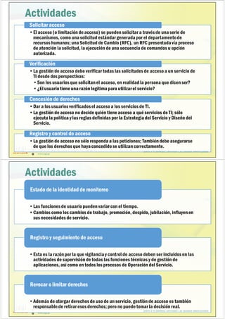 (51) 9-8935-4789
proyectos_tic@jagi.pe
www.jagi.pe
139
Actividades
•El acceso (o limitación de acceso) se pueden solicitar a través de una serie de
mecanismos, como una solicitud estándargenerada por el departamentode
recursos humanos; una Solicitud de Cambio (RFC), un RFC presentadavía proceso
de atención la solicitud, la ejecución de una secuencia de comandos u opción
autorizada.
Solicitar acceso
•La gestión de acceso debe verificar todas las solicitudes de acceso a un servicio de
TI desde dos perspectivas:
•Son los usuarios que solicitan el acceso, en realidad la persona que dicen ser?
•¿El usuariotiene una razón legítima para utilizarel servicio?
Verificación
•Dar a los usuarios verificados el acceso a los servicios de TI.
•La gestión de acceso no decide quién tieneacceso a qué servicios de TI; sólo
ejecuta la política y las reglas definidas por la Estrategia del Servicio y Diseño del
Servicio.
Concesión de derechos
•La gestión de acceso no sólo responda a las peticiones; También debe asegurarse
de que los derechos que haya concedido se utilizan correctamente.
Registro y control de acceso
JUNTO A TU EMPRESA APOYANDO LAS GRANDES INNOVACIONES
(51) 9-8935-4789
proyectos_tic@jagi.pe
www.jagi.pe
140
Actividades
•Las funciones de usuariopueden variar con el tiempo.
•Cambios como los cambios de trabajo, promoción, despido, jubilación, influyen en
sus necesidades de servicio.
Estado de la identidad de monitoreo
•Esta es la razón por la que vigilancia y control de acceso deben ser incluidos en las
actividades de supervisión de todas las funciones técnicas y de gestión de
aplicaciones, así como en todos los procesos de Operación del Servicio.
Registro y seguimiento de acceso
•Además de otorgar derechos de uso de un servicio, gestión de acceso es también
responsablede retirar esos derechos; pero no puede tomar la decisión real.
Revocar o limitar derechos
JUNTO A TU EMPRESA APOYANDO LAS GRANDES INNOVACIONES
 