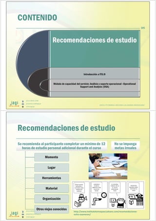 (51) 9-8935-4789
proyectos_tic@jagi.pe
www.jagi.pe
CONTENIDO
Recomendaciones de estudio
Introducción a ITIL®
Módulo de capacidad del servicio: Análisis y soporte operacional –Operational
Support and Analysis (OSA)
JUNTO A TU EMPRESA APOYANDO LAS GRANDES INNOVACIONES
185
(51) 9-8935-4789
proyectos_tic@jagi.pe
www.jagi.pe
Recomendaciones de estudio
Se recomienda al participante completar un mínimo de 12
horas de estudio personal adicional durante el curso
Se recomienda al participante completar un mínimo de 12
horas de estudio personal adicional durante el curso
Momento
Lugar
Herramientas
Material
Organización
Otros viejos conocidos
No se imponga
metas irreales
No se imponga
metas irreales
http://www.institutotomaspascualsanz.com/recomendaciones-
exito-examenes/
 