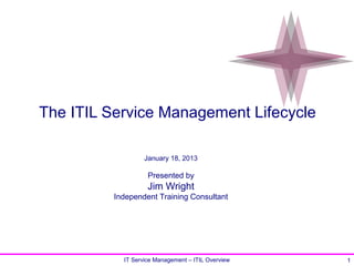 The ITIL Service Management Lifecycle

                   January 18, 2013

                    Presented by
                    Jim Wright
          Independent Training Consultant




            IT Service Management – ITIL Overview   1
 