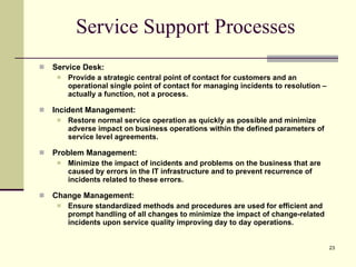 Service Support Processes Service Desk: Provide a strategic central point of contact for customers and an operational single point of contact for managing incidents to resolution – actually a function, not a process. Incident Management: Restore normal service operation as quickly as possible and minimize adverse impact on business operations within the defined parameters of service level agreements. Problem Management: Minimize the impact of incidents and problems on the business that are caused by errors in the IT infrastructure and to prevent recurrence of incidents related to these errors. Change Management: Ensure standardized methods and procedures are used for efficient and prompt handling of all changes to minimize the impact of change-related incidents upon service quality improving day to day operations. 
