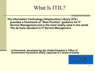 What Is ITIL? The Information Technology Infrastructure Library (ITIL) provides a framework of “Best Practice” guidance for IT Service Management and is the most widely used in the world. The de facto standard in IT Service Management A framework, developed by the United Kingdom’s Office of Government Commerce (OGC) captured in a series of books 