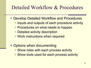 Detailed Workflow & Procedures Develop Detailed Workflow and Procedures Inputs and outputs of each procedure activity Procedures on what needs to happen Detailed activity description Work instructions when required Options when documenting Show roles with each process activity Show tools used for each process activity 