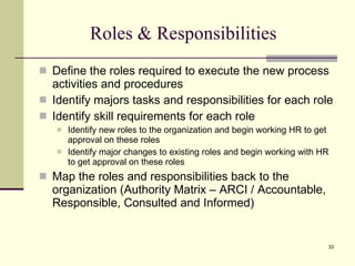 Roles & Responsibilities Define the roles required to execute the new process activities and procedures Identify majors tasks and responsibilities for each role Identify skill requirements for each role Identify new roles to the organization and begin working HR to get approval on these roles Identify major changes to existing roles and begin working with HR to get approval on these roles Map the roles and responsibilities back to the organization (Authority Matrix – ARCI / Accountable, Responsible, Consulted and Informed) 