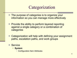 Categorization The purpose of categories is to organize your information so you can manage more effectively  Provide the ability to perform layered reporting against a single category or a combination of categories Categorization will help with defining your assignment paths, escalation paths, and work groups Service System Configuration Item Attributes 